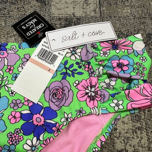 Salt + Cove NWT Bikini Bottoms 2X Peony Party Soft Side Tab Mid-Rise Green Pink - Picture 5 of 10